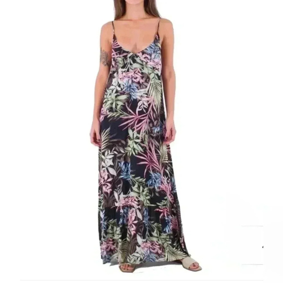 Hurley Maxi Dress Tropical Leaf Print XL Black Multi-colour Floral Dress - Picture 1 of 11